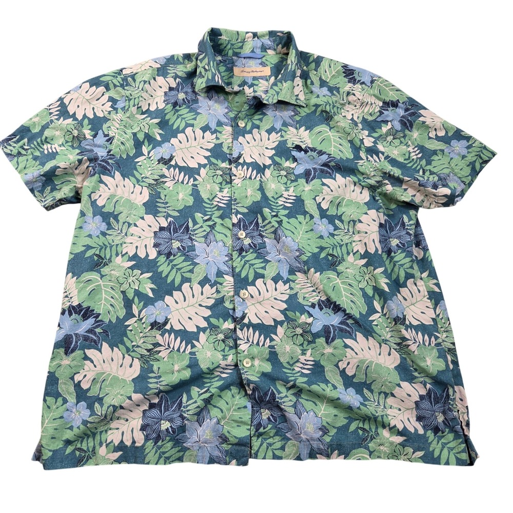 Tommy Bahama Shirt Mens XL Blue Tropical Floral Cotton Stretch Short Sleeve